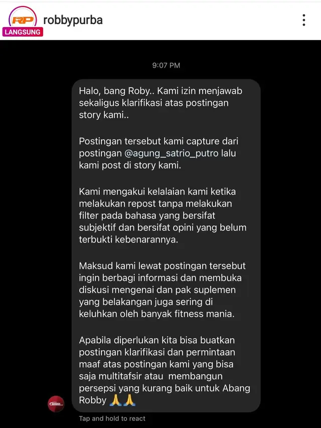 Unggahan Robby Purba soal komentar nyinyir seputar faktor pemicu tumor payudara. (Foto: Instagram @robbypurba)
