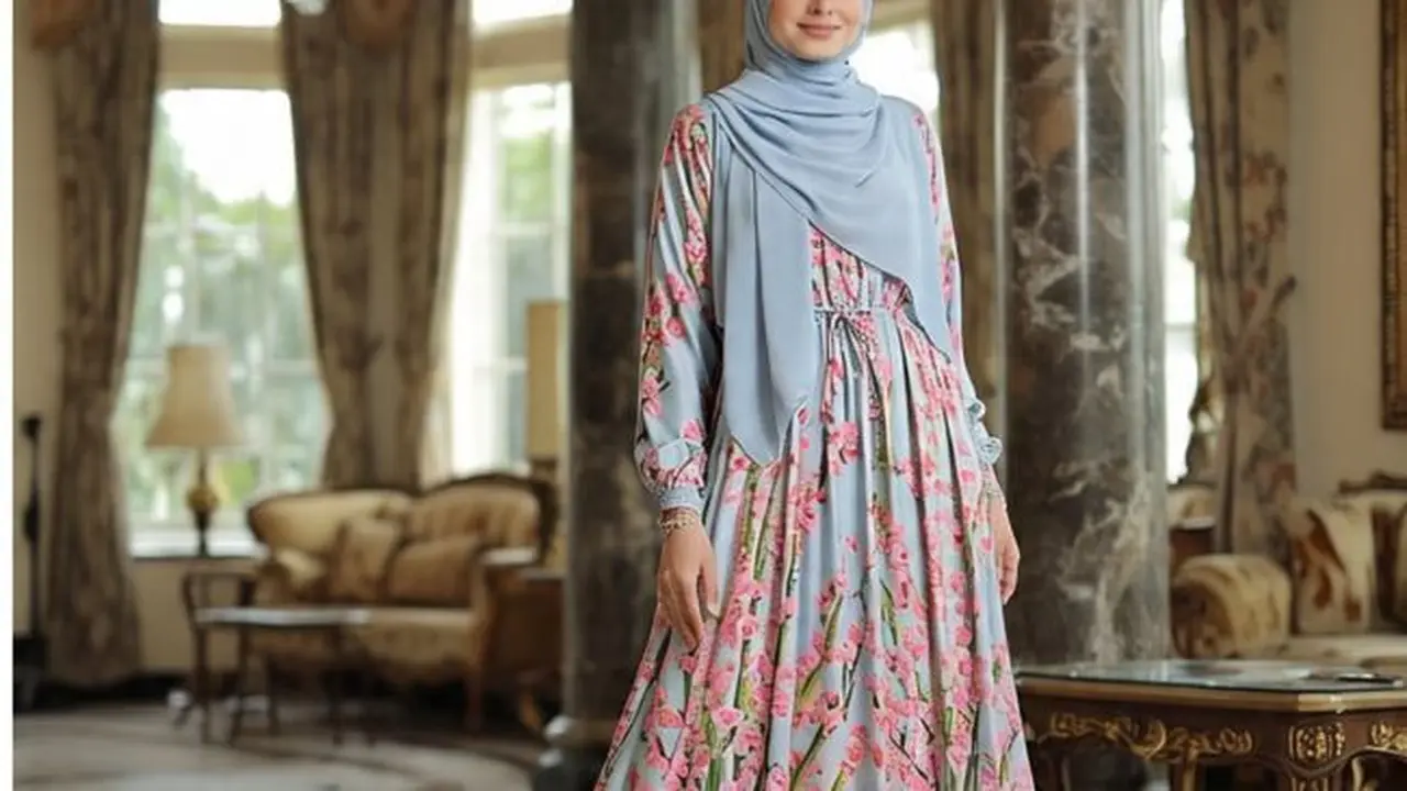 Ilustrasi Gamis Ceruti Motif Bunga (Sumber Gambar: Meta AI)