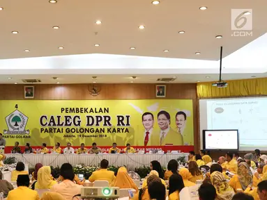 Suasana acara Pembekalan Caleg DPR RI Partai Golongan Karya di Jakarta, Rabu (19/12). Pembekalan diadakan dalam rangka persiapan menghadapi Pemilu 2019 mendatang. (Liputan6.com/Immanuel Antonius)