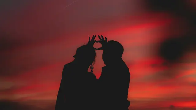 Ilustrasi senja, sunset, matahari terbenam, pasangan