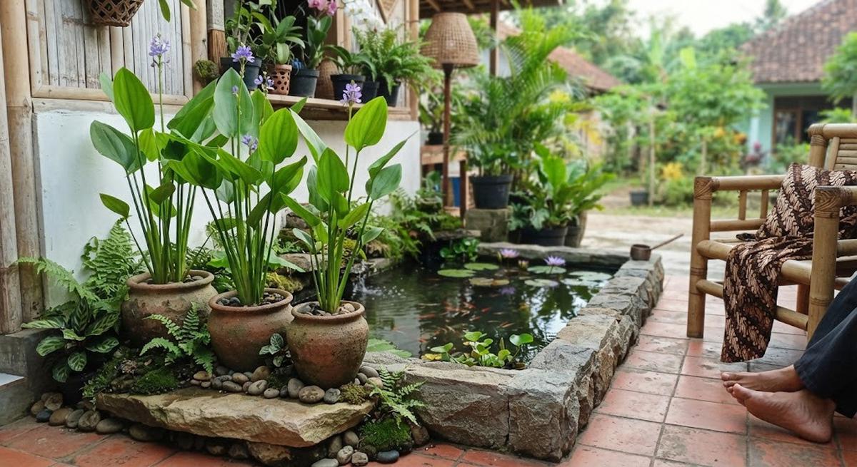 Tanaman yang cocok dipadukan dengan kolam mini di teras yakni kana air