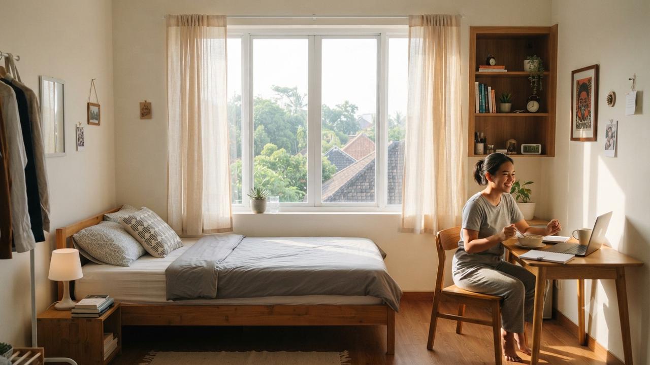 Desain Kamar Kos yang Bikin Penghuninya Bangun Pagi yang Cocok untuk Pekerja dan Mahasiswa yang Sering Kesiangan Model dengan Tempat Tidur Menghadap Jendela