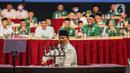 Ketua Umum Partai Gerindra Prabowo Subianto (bawah) menyampaikan pidato kebangsaan saat deklarasi koalisi antara Partai Gerindra dan Partai Kebangkitan Bangsa (PKB) dalam Rapimnas Gerindra di SICC, Sentul, Kabupaten Bogor, Jawa Barat, Sabtu (13/8/2022). Partai Gerindra dan PKB secara resmi menyatakan berkoalisi untuk pemilu 2024. (Liputan6.com/Faizal Fanani)