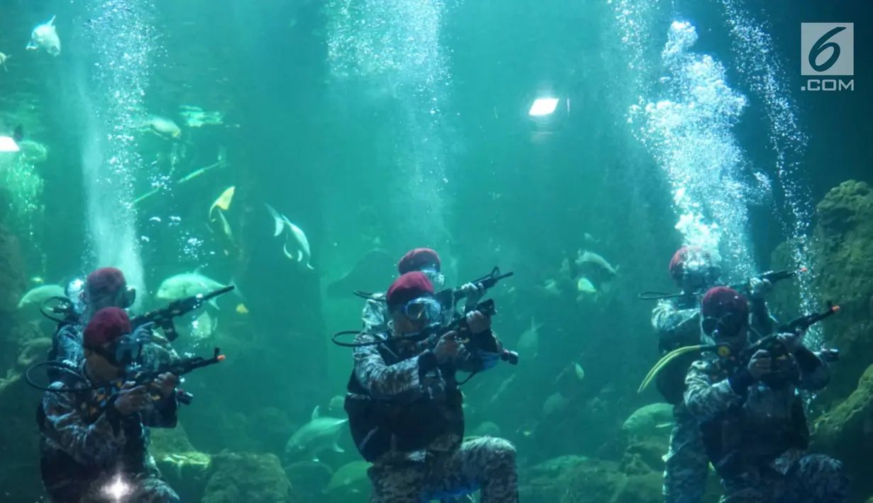 Penyelam melakukan upacara pengibaran bendera di Aquarium Utama Sea World Ancol, Jakarta, Senin (12/8/2019). Pengibaran bendera diadakan dalam rangka menyambut HUT ke-74 RI pada 17 Agustus mendatang. (Liputan6.com/Immanuel Antonius)