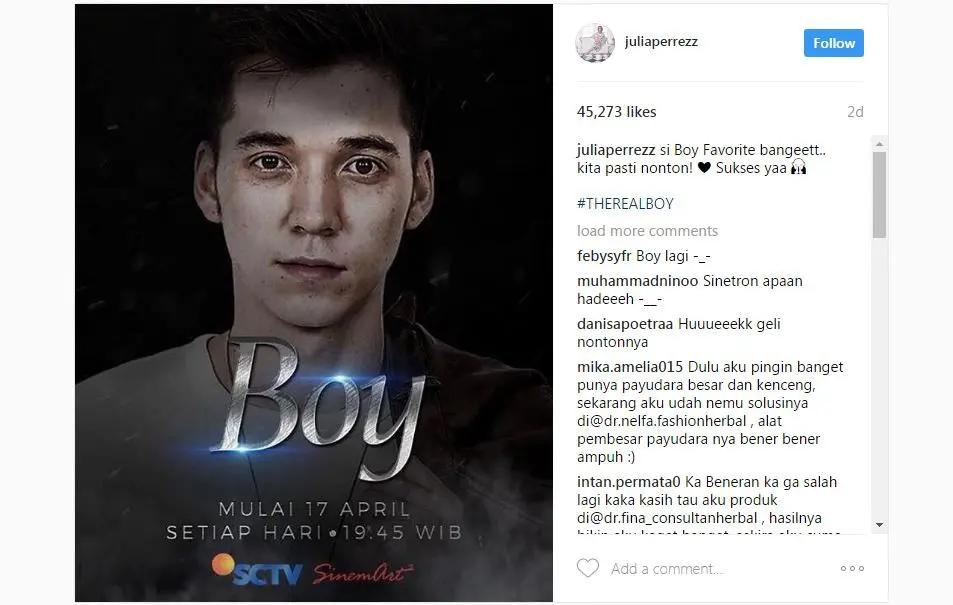 Julia Perez siap menyaksikan sinetron Boy (Instagram)