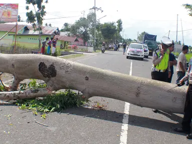 Polisi mengatur lalu lintas saat sebuah pohon berumur puluhan tahun tumbang di Jalan Trans Sulawesi, Limboto, Gorontalo, Senin, (21/1). Pohon tumbang menimpa sebuah mobil dan kabel listrik bertegangan tinggi. (Liputan6.com/Arfandi Ibrahim)