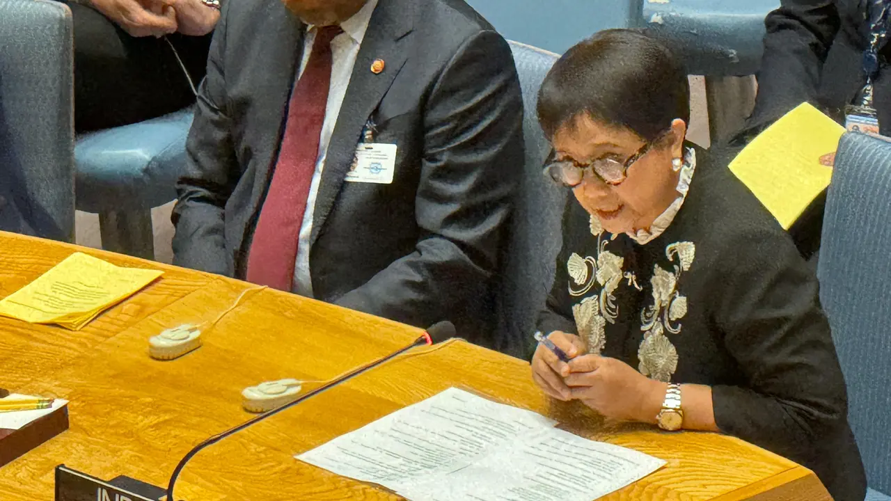 Menteri Luar Negeri Indonesia Retno Marsudi pertemuan di Dewan Keamanan (DK) PBB pada Rabu 29 November 2023 di New York, Amerika Serikat (AS) menyorot situasi Gaza. (Dok Kemlu RI)