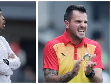 Berikut ragam ekspresi pelatih Bhayangkara FC, Simon McMenemy dan Pelatih Semen Padang, Nil Maizar, saat memberikan arahan kepada anak asuhnya. (Bola.com/M Iqbal Ichsan)