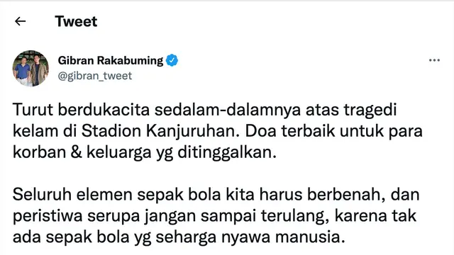 Cuitan Wali Kota Solo, Gibran Rakabuming Raka soal tragedi Kanjuruhan Malang. (Foto: Dok. Twitter @gibran_tweet)