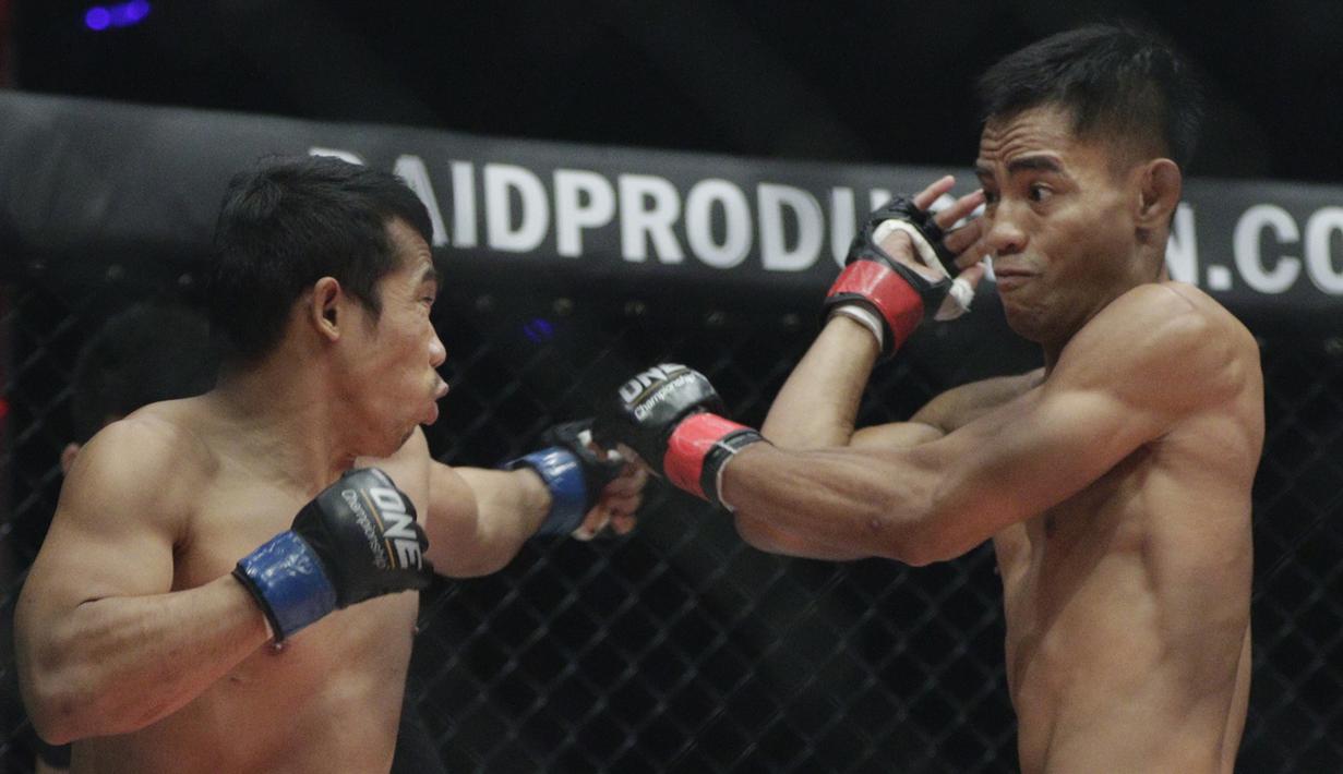 Petarung Indonesia, Stefer Rahardian, beradu pukulan dengan petarung Filipina, Robin Catalan, saat bertarung pada laga ONE Championship di Istora Senayan, Jakarta, Sabtu (19/1). Stefer Rahardian kalah dari Robin Catalan. (Bola.com/M. Iqbal Ichsan)