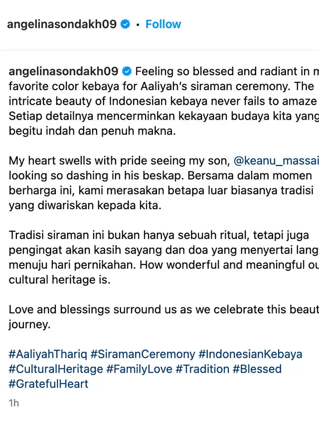 Unggahan Angelina Sondakh. (Foto: Dok. Instagram @angelinasondakh09)