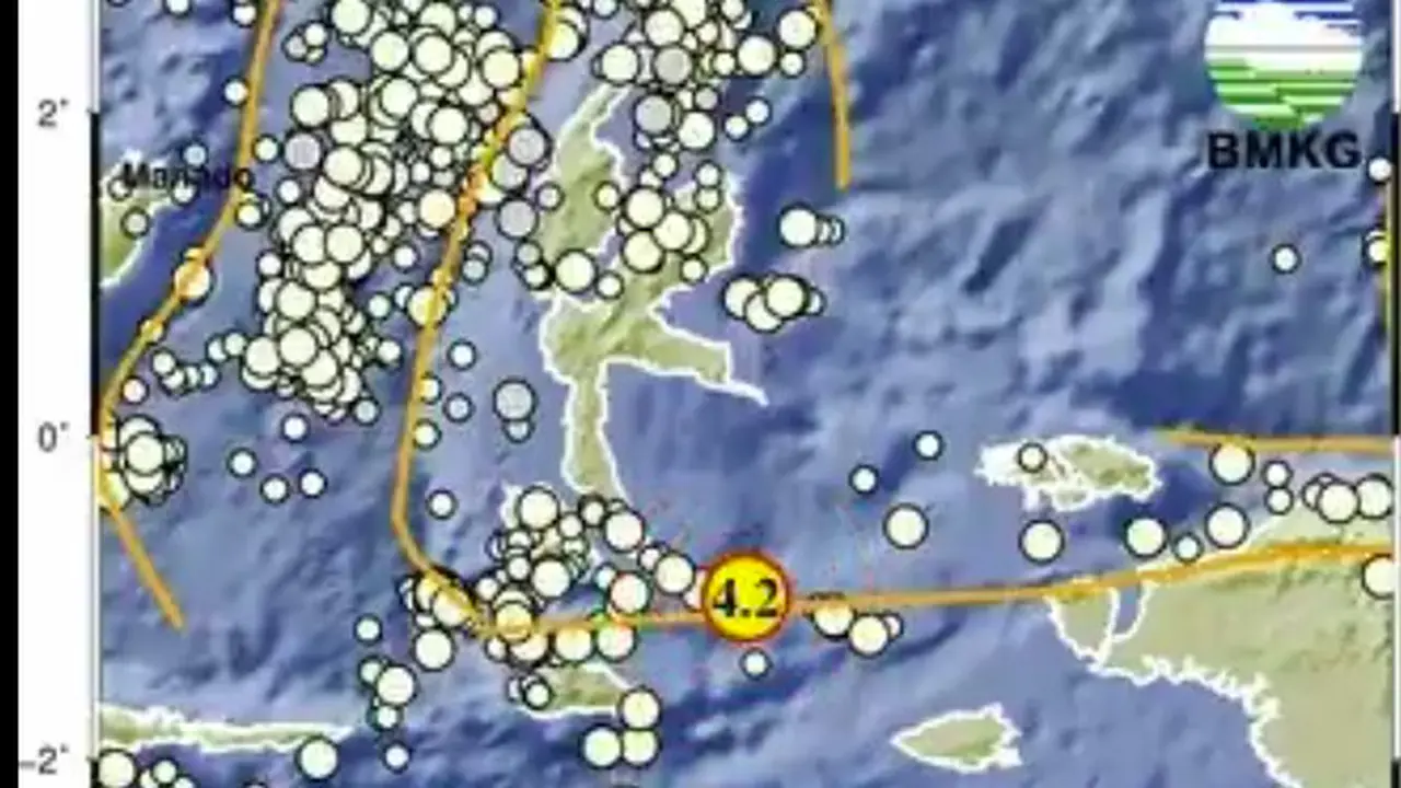 Gempa bumi berkekuatan magnitudo (M) 4,2 mengguncang wilayah Halmahera Selatan, Maluku Utara, Rabu (25/3/2026) pagi. Pusat gempa dilaporkan berada di laut. (Istimewa)