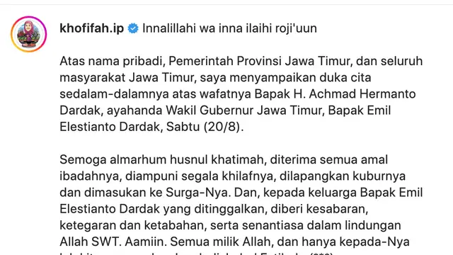 Unggahan Khofifah untuk Hermanto Dardak. (Foto: Dok. Instagram @khofifah.id)