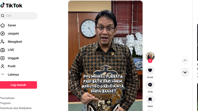 Menkeu Purbaya memamerkan kemeja batiknya melalui akun TikTok pribadinya.