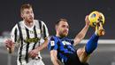 Gelandang Inter Milan, Christian Eriksen (kanan) mengontrol bola dibayangi striker Juventus, Dejan Kulusevski dalam laga leg kedua semifinal Coppa Italia 2020/21 di Juventus Stadium, Turin, Selasa (9/2/2021). Inter Milan bermain imbang 0-0 dan gagal lolos ke final. (LaPresse via AP/Marco Alpozzi)