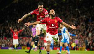 Selebrasi Bryan Mbeumo&nbsp;dalam laga Premier League antara Manchester United vs Brighton, Sabtu (25/10/2025). (AP Photo/Dave Thompson)
