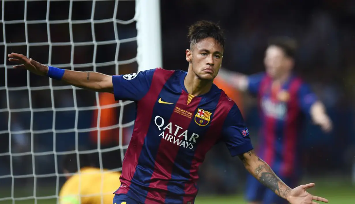 Penyerang Barcelona Neymar da Silva Santos melakukan selebrasi usai mencetak gol ke gawang Juventus di Final Liga Champions, Olympic Stadium, Berlin, Minggu (7/6/2015). Barcelona mengalahkan Juventus dengan skor 3-1. (AFP Photo/Patrik Stollarz)