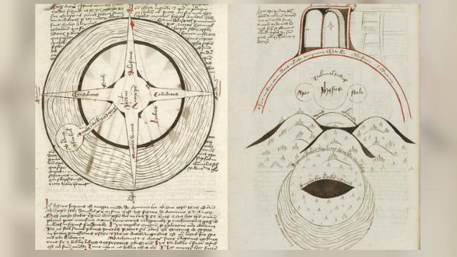 Gambar empat tanduk dajal (kiri) serta jarak Bumi ke surga dan neraka dalam manuskrip kuno asal Jerman tersebut (The Huntington Library)