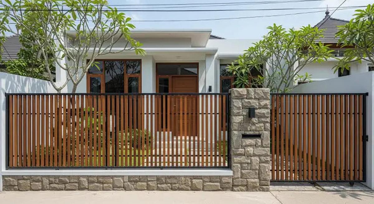 8 Desain Pagar Besi Kombinasi Kayu dan Batu Alam, Bikin Hunian Tampak Modern