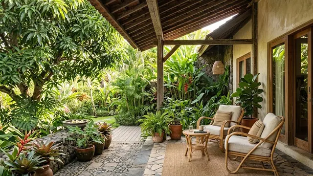 Model Teras Depan Rumah dengan Pohon Mangga Besar Jadi Peneduh Estetik