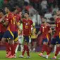 Timnas Spanyol meraih kemenangan 4-1 atas Georgia pada laga 16 besar Euro 2024 di&nbsp;Cologne Stadium, Koln, Senin (1/7/2024) dini hari WIB. Hasil itu membuat Spanyol lolos ke perempat final dan akan bersua Jerman. (AP Photo/Darko Vojinovic)