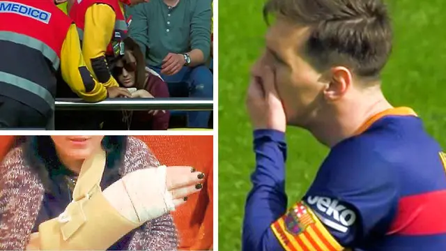 Video tendangan Lionel Messi yang membuat patah jari Raquel Tajuelo fans wanita dari Villareal saat melawan Barcelona, pada Minggu (20/3/2016).