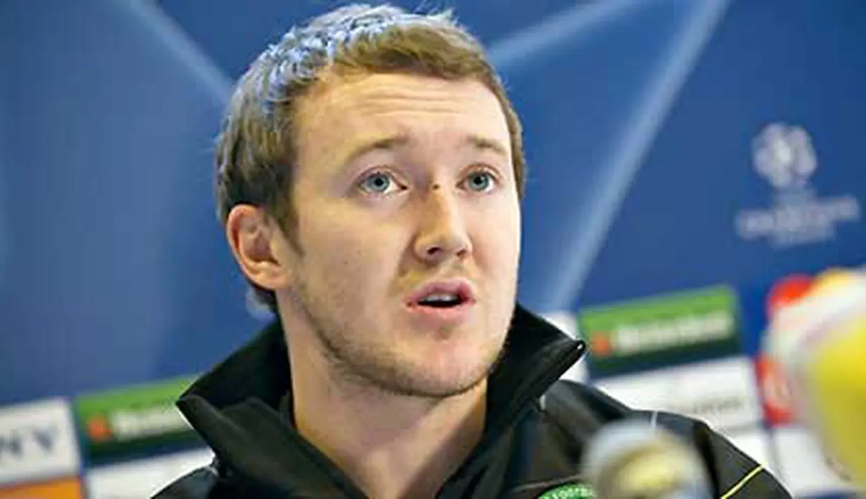 Winger Celtic Glasgow Aiden McGeady di sesi konferensi pers di Aalborg, Denmark, 24 November 2008, jelang laga Liga Champions melawan Aalborg. AFP PHOTO SCANPIX DENMARK - Henning Bagger 