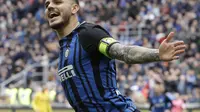 Seleberasi penyerang Inter Milan, Mauro Icardi usai mencetak gol cepat ke gawang Hellas Verona. (AP Photo/Luca Bruno)
