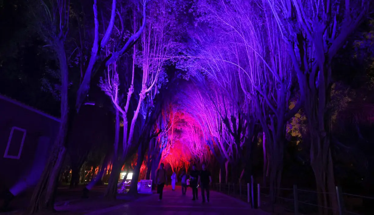Warga menghadiri festival cahaya Noor Riyadh yang diadakan di Taman Al-Salam, Riyadh, Arab Saudi, 3 November 2022. Lebih dari 190 karya seni dipamerkan di ruang publik Riyadh selama festival cahaya Noor Riyadh, termasuk instalasi monumental dan interaktif serta patung-patung. (Fayez Nureldine/AFP)