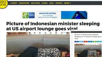 Beberapa media asing menyoroti Menteri Susi tidur di Bandara John F Kennedy, Amerika Serikat. (Asia One dan The Star.My)