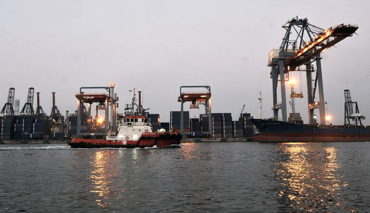Aktivitas bongkar muat peti kemas di Pelabuhan Tanjung Priok, Jakarta, Rabu (14/8/2019). Badan Pusat Statistik (BPS) menyatakan neraca dagang Indonesia sepanjang Januari hingga Juli 2019 mengalami defisit sebesar USD 1,9 miliar atau setara Rp 27 triliun. (merdeka.com/Iqbal Nugroho)