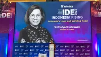 Menteri Keuangan (Menkeu) Sri Mulyani Indrawati di Indonesia Data and Economic (IDE) Conference 2023, Kamis (20/7/2023). (Tira/Liputan6.com)