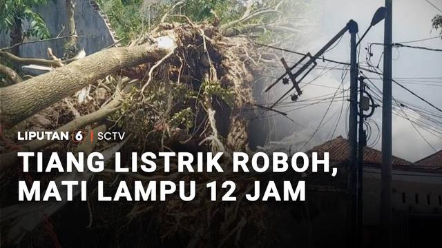 Hujan deras disertai angin kencang merobohkan sejumlah tiang listrik. Listrik pun padam selama 12 jam.