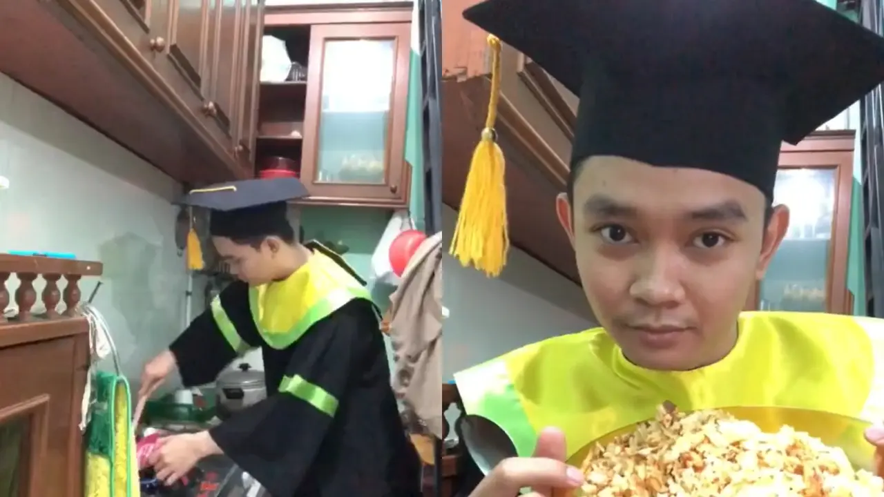 Viral, Aksi Mahasiswa Asyik Masak Nasi Goreng Saat Wisuda Online