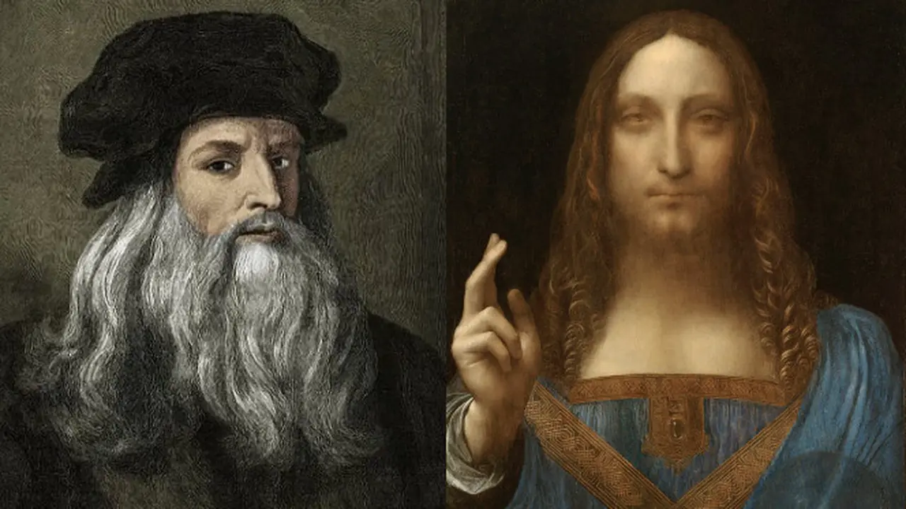 Potret Leonardo Da Vinci (kiri) dan Lukisan Salvatore Mundi (kanan). (Sumber: wikipediacommons)