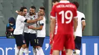 Francesco Caputo mencetak satu gol saat Italia mengalahkan Moldova pada laga uji coba, Kamis (8/10/2020) dini hari WIB. (Isabella BONOTTO / AFP)