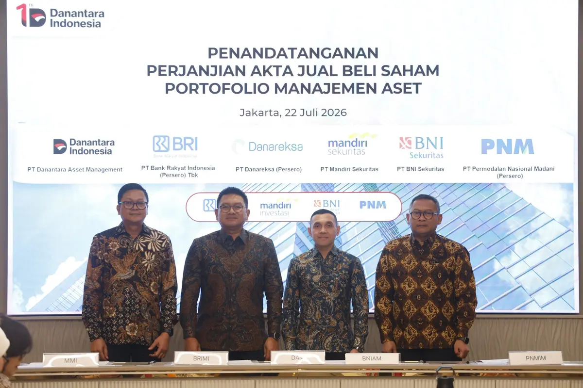 Penandatanganan perjanjian akta jual beli saham portofolio manajemen aset antara 4 manajemen investasi BUMN dan Danantara. (Foto: Istimewa)