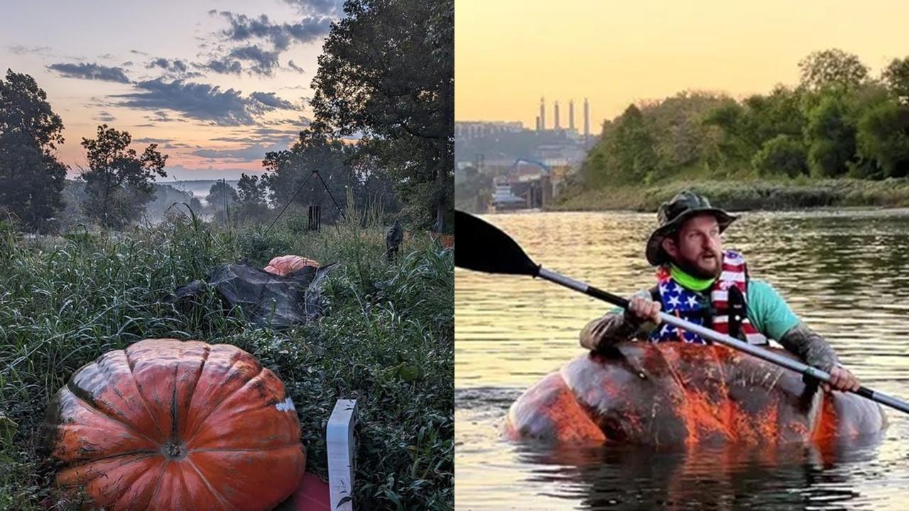 Aksi Pria Seberangi Sungai Pakai Labu