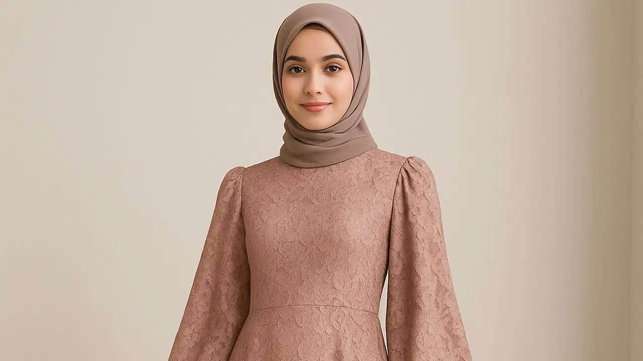 Model Gamis A-Line Brokat dengan Lengan Balon