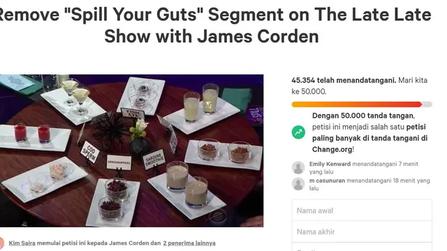 Tangkapan layar https://www.change.org/p/james-corden-remove-spill-your-guts-segment-on-the-late-late-show-with-james-corden