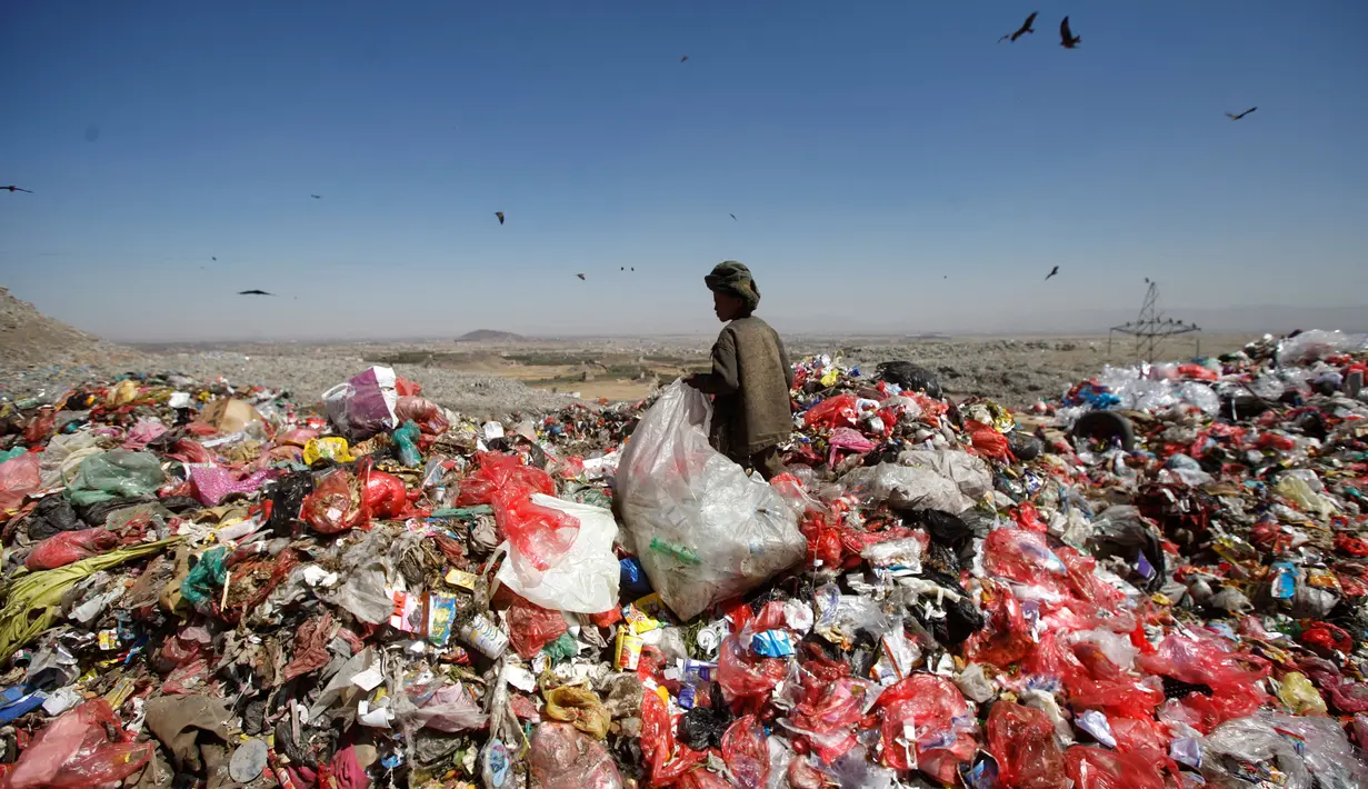 Seorang anak kecil mencari sampah di sebuah tempat pembuangan akhir (TPA) di pinggiran Sanaa, Yaman, Rabu (16/11). Setiap hari para bocah di daerah tersebut mengumpulkan sampah untuk didaur ulang atau dijual. (REUTERS/Mohamed al-Sayaghi)
