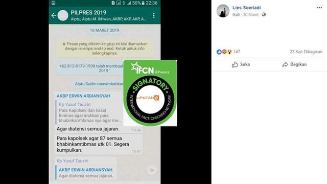 [Cek Fakta] Gambar Tangkapan Layar Percakapan Grup WA Sejumlah Anggota Polri yang Diduga Mengarahkan Dukungan ke Salah Satu Pasangan Capres-Cawapres
