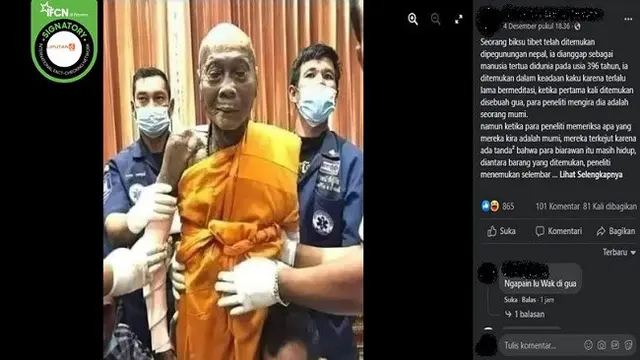 Gambar Tangkapan Layar Foto yang Diklaim Biksu Tertua Asal Tibet Berusia 396 Tahun (sumber: Facebook).