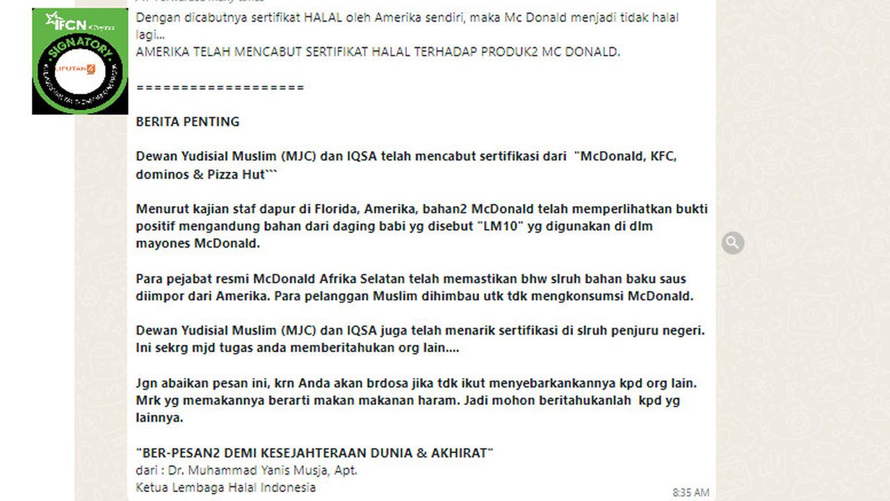 Tangkapan layar klaim MJC cabut sertifikasi halal McDonald’s di seluruh penjuru negeri