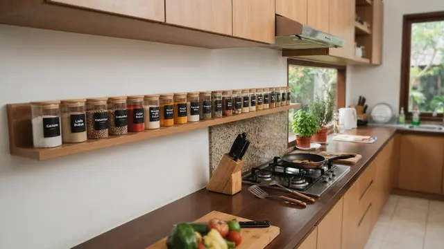 Ide rak bumbu yang menyatu dengan dinding dapur sehingga terlihat rapi dan elegan, model memanjang mengikuti dinding dapur