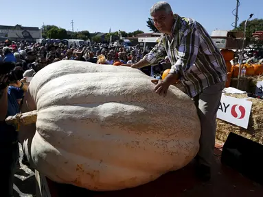 Steve Daletas, dari Pleasant Hill, Oregon berpose dengan labu miliknya seberat 1,969 pon setelah memenangkan perlombaan tahunan Safeway World Championship Pumpkin Weigh-Off yang ke-42 di Half Moon Bay, California, Senin (12/10/2015). (REUTERS/Stephen Lam)