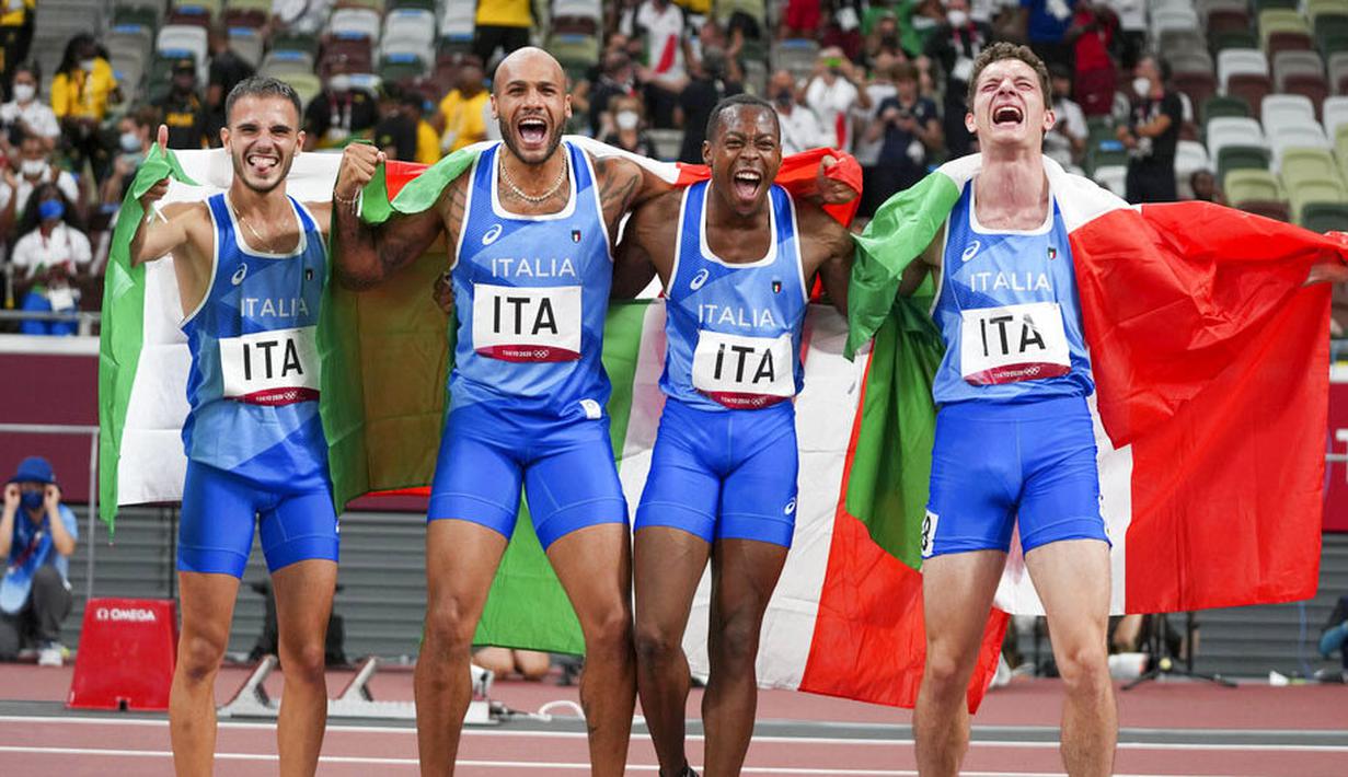 Diwakili Lorenzo Patta, Marcell Jacobs, Eseosa Desalu dan Filippo Tortu, Italia bukanlah unggulan. Apalagi ada Jamaika yang lolos ke final dengan catatan waktu terbaik, yakni 37,82 detik. (Foto: AP/Matthias Schrader)