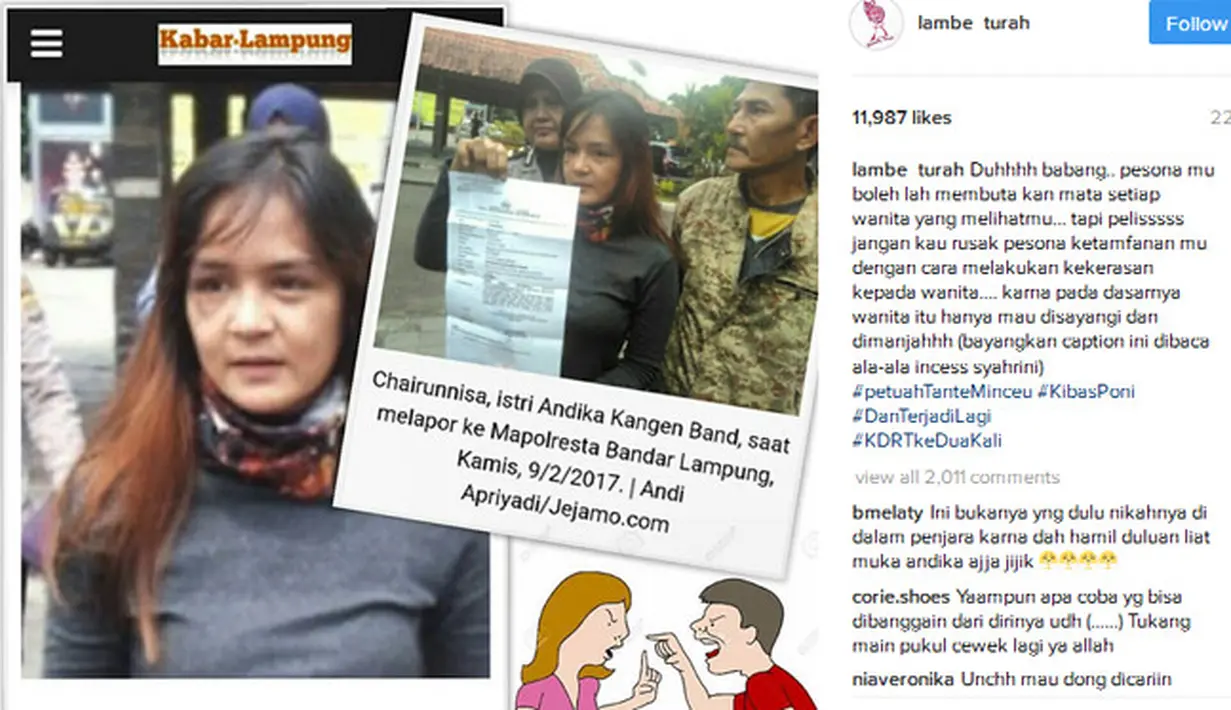 Diduga melakukan KDRT terhadap istrinya Chairunnisa, Andhika eks Kangen Band dilaporkan ke Mapolresta Bandar Lampung Kamis, (9/2/2017). Vidio singkat curahan hati istrinya diunggah dalam beberapa seri di akun lambe_turah. (Instagram/maesaandika)