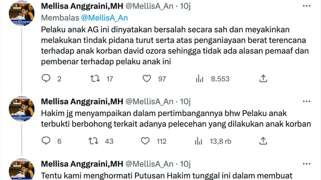 Cuitan pengacara David Ozora terkait vonis 3,5 tahun AG. (Foto: Dok. Twitter @MellisA_An)