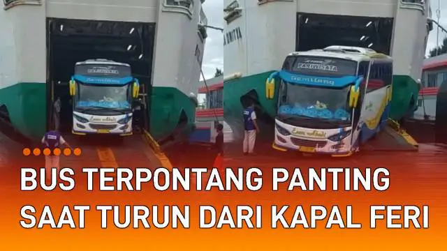 Sebuah rekaman video memperlihatkan sebuah bus pariwisata terpontang panting saat hendak turun dari kapal feri mengundang perhatian.